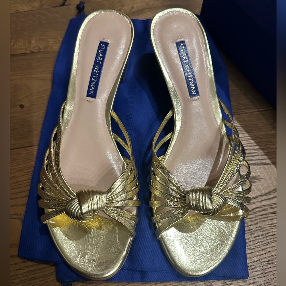 Stuart Weitzman Metallic Gold Knot-Front Heeled Sandals